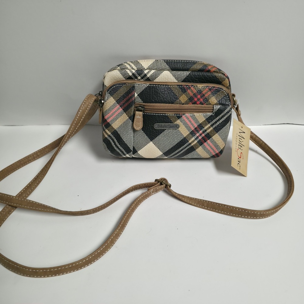 MultiSac Zippy Triple Compartment Crossbody Bexly Plaid Black Beige Red Handbag
